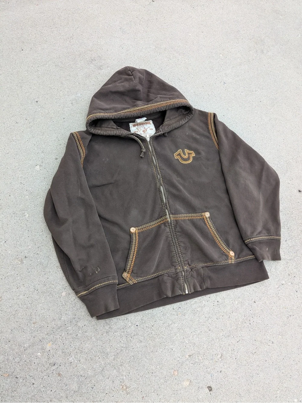 True Religion Brown Hooded Zip Sweatshirt with Contrast Stitching